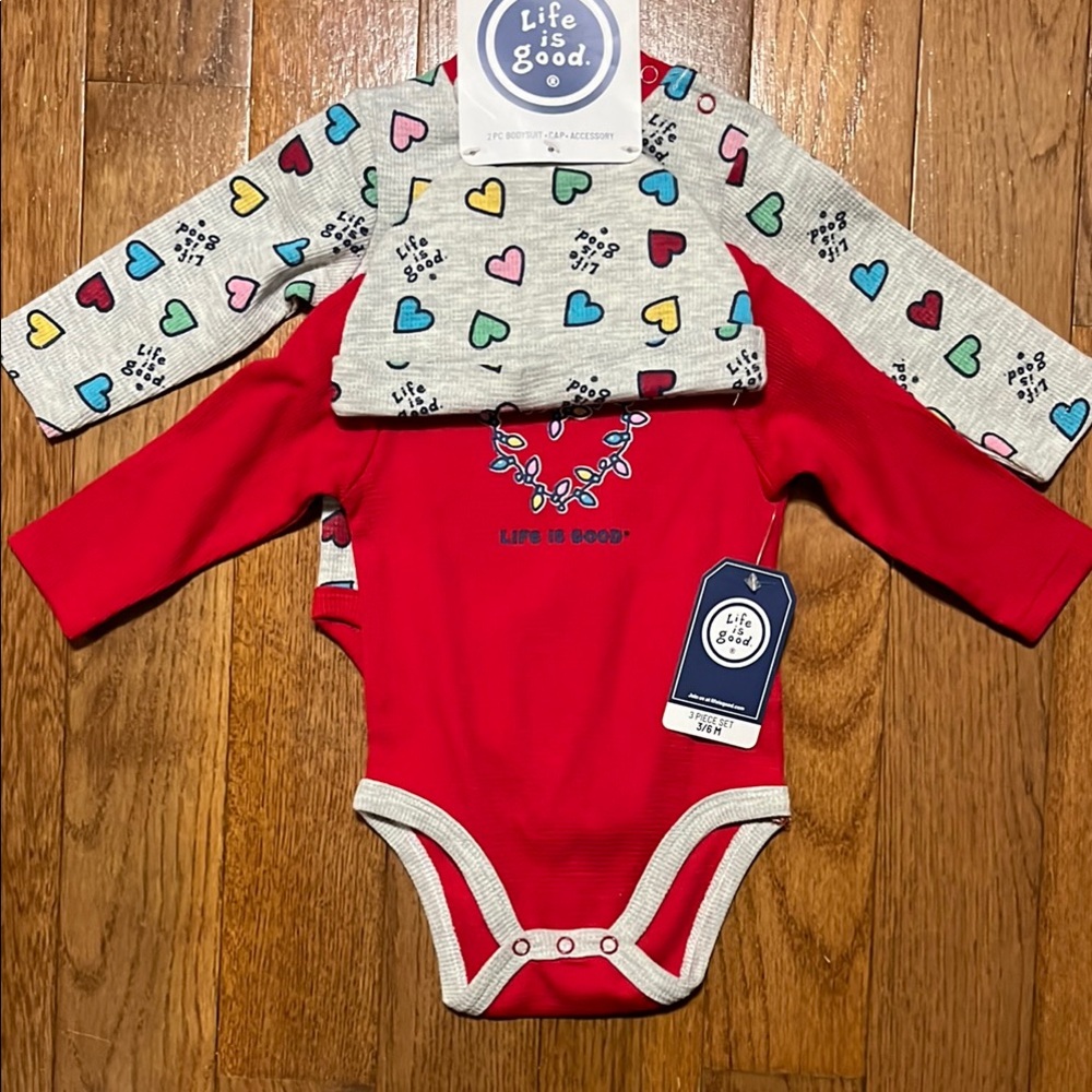 Life is Good Red Baby Bodysuit and Heart Pants Set